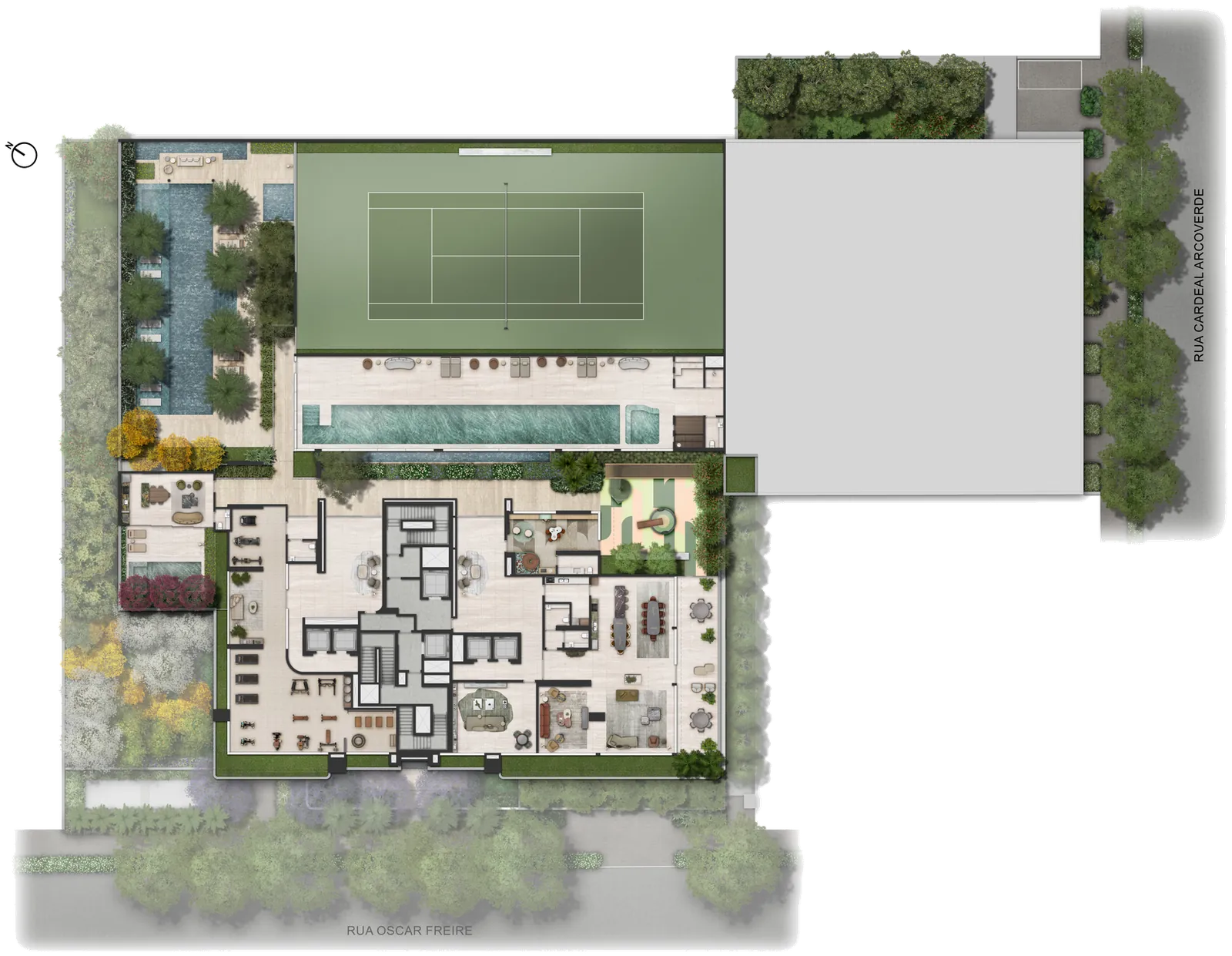 Planta Implantação · térreo e lazer — Térreo, Piscinas, spa, quadra de tênis, pool houses e salões