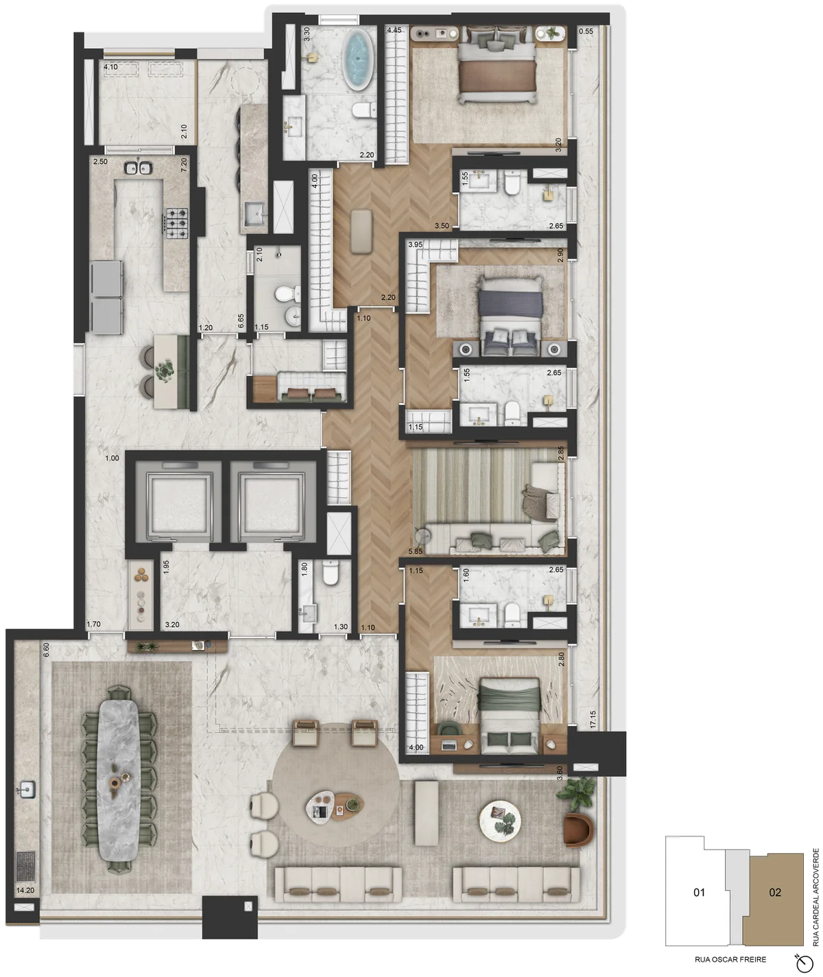 Planta Final 2 · planta opção 2 — 284,60 m², 3 suítes, master com banho Sr. e Sra., sala íntima