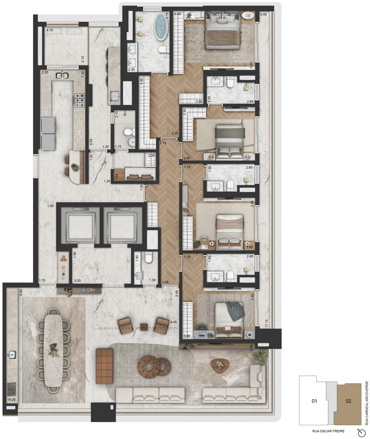 Planta Final 2 · planta padrão — 284,60 m², 4 suítes, master com banho Sr. e Sra.
