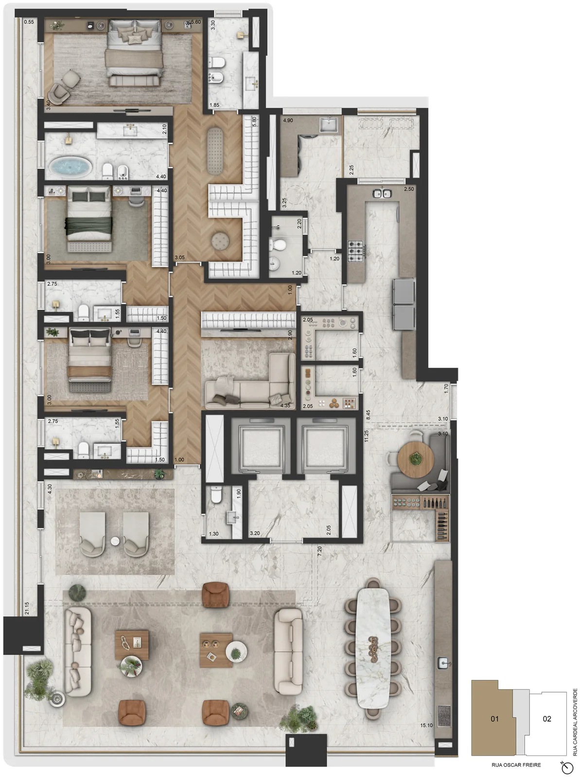 Planta Final 1 · planta opção 1 — 365,20 m², 3 suítes, master com banho Sr. e Sra., sala ampliada