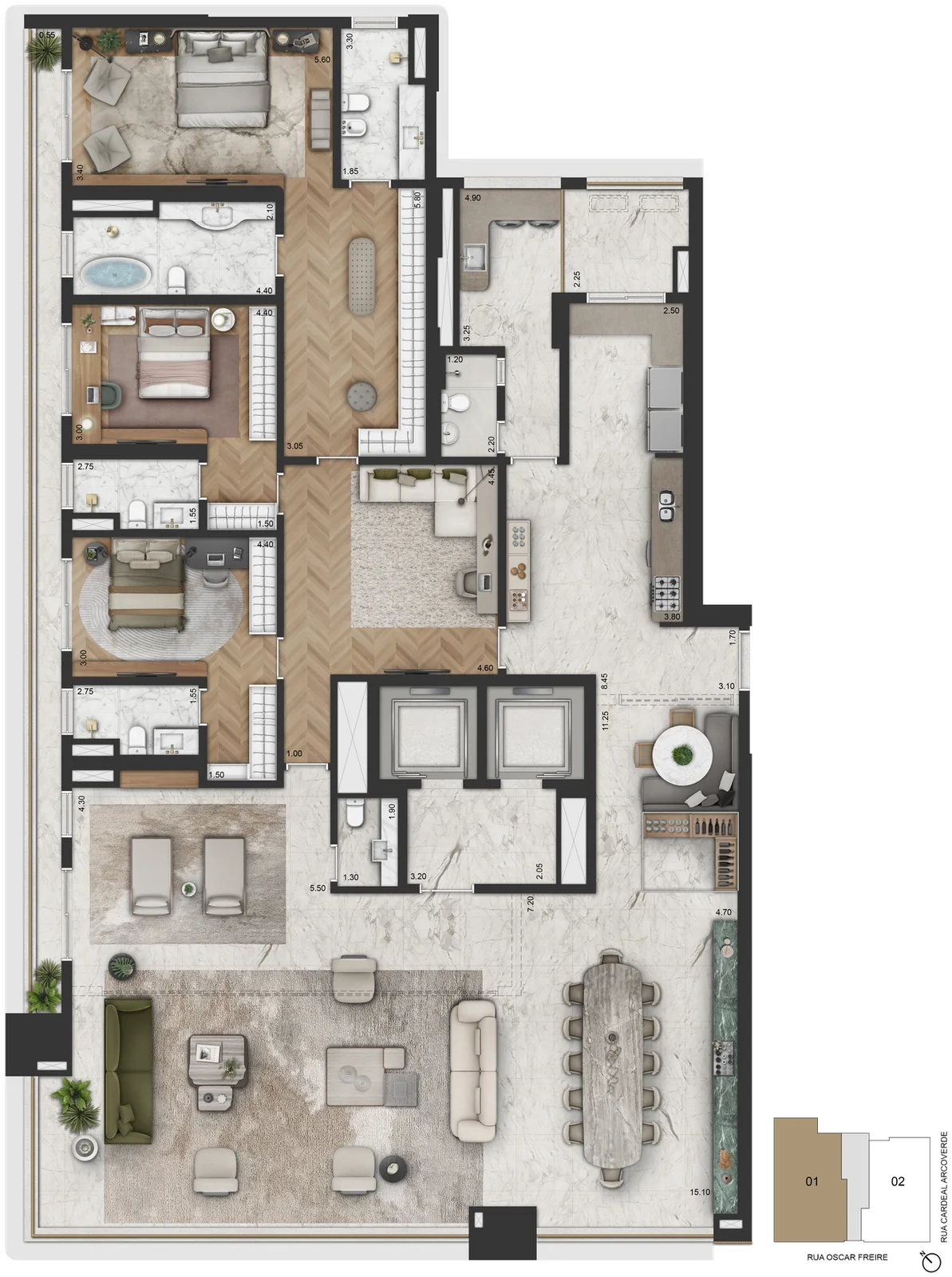 Planta Final 1 · planta opção 2 (decorado) — 365,20 m², 3 suítes, master com banho Sr. e Sra., sala íntima