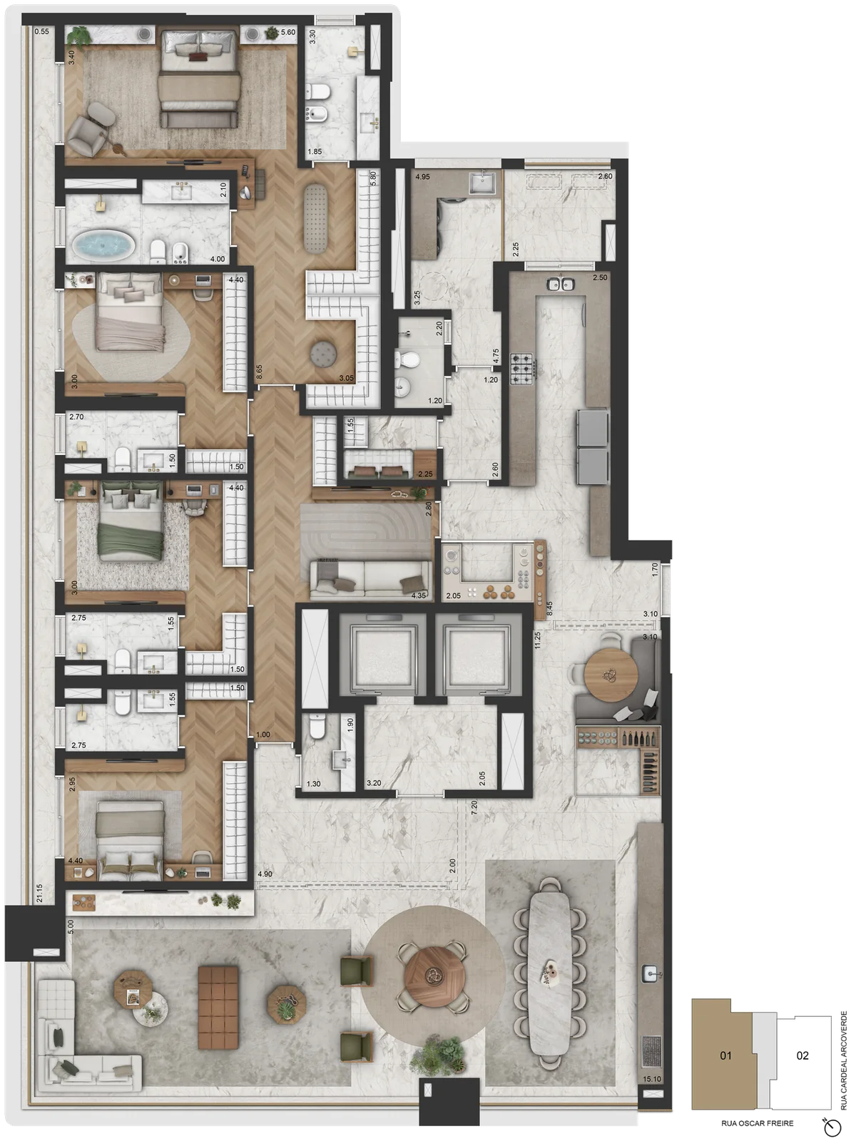 Planta Final 1 · planta padrão — 365,20 m², 4 suítes, master com banho Sr. e Sra., sala íntima