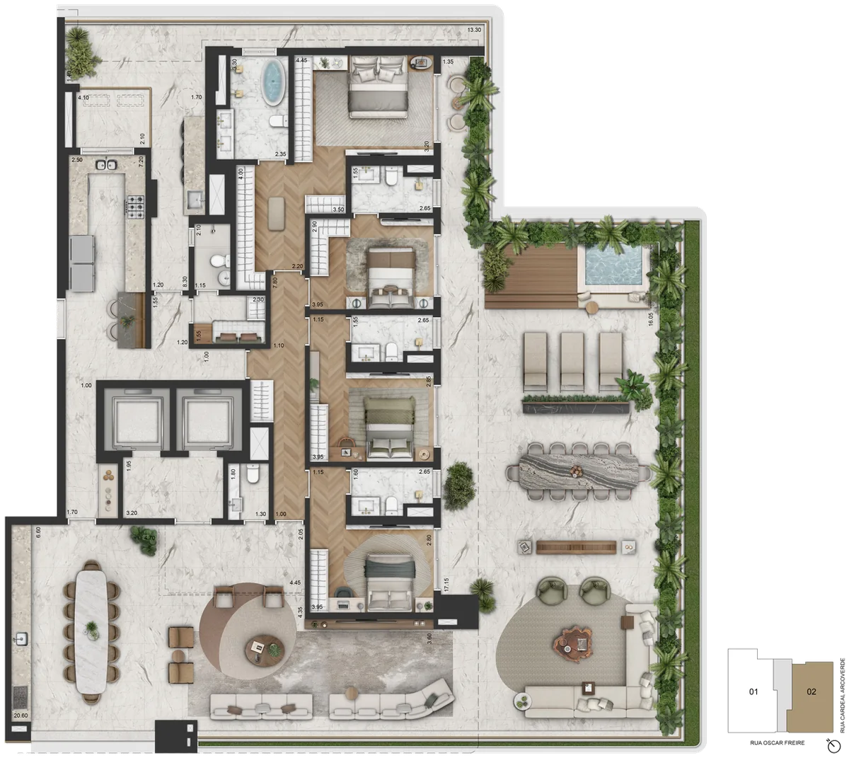 Planta Final 2 · planta padrão Garden — 437,35 m², 4 suítes, amplo terraço descoberto com infraestrutura para jacuzzi