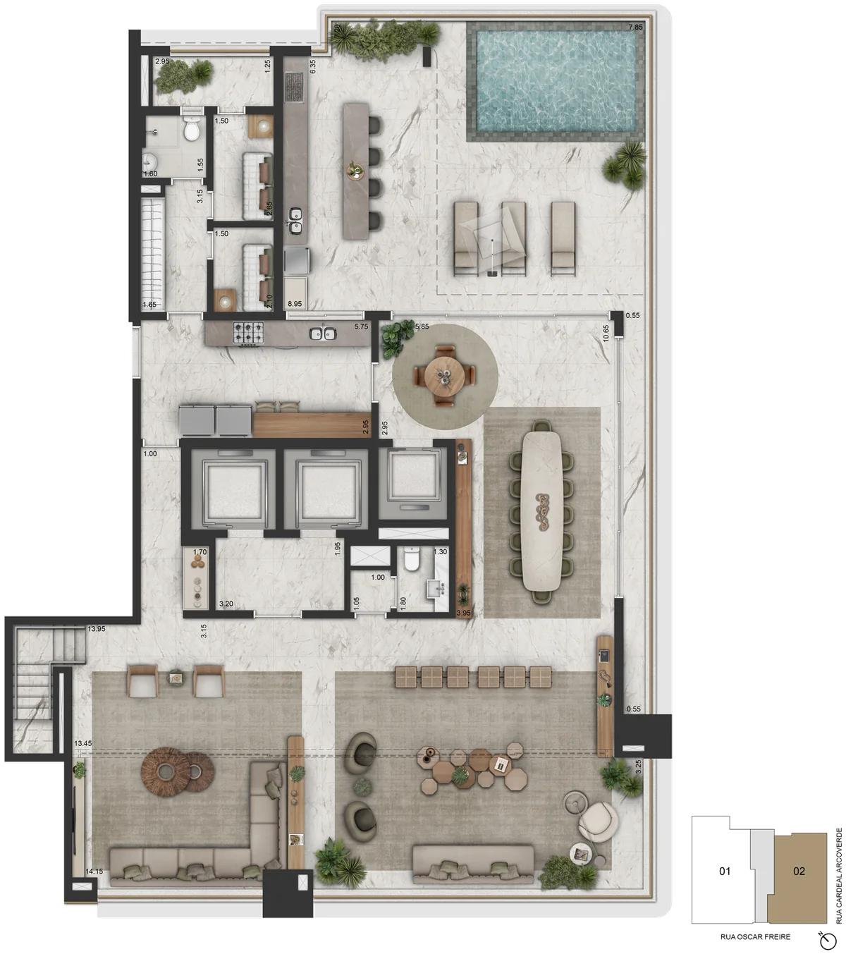 Planta Final 2 · duplex, piso inferior (45º pav.) — 581,95 m², Living, terraço gourmet e piscina entregue