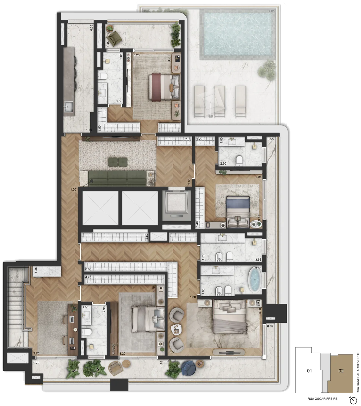 Planta Final 2 · duplex, piso superior (46º pav.) — 581,95 m², 4 suítes, sala íntima e home office