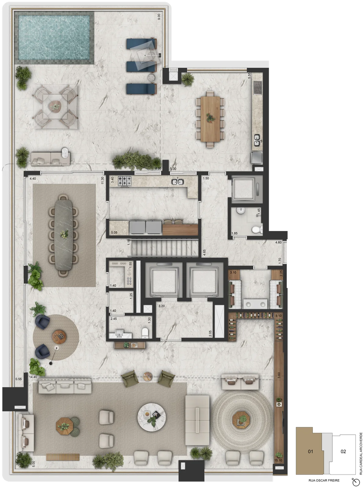 Planta Final 1 · duplex, piso inferior (45º pav.) — 698,10 m², Living, terraço gourmet e piscina entregue