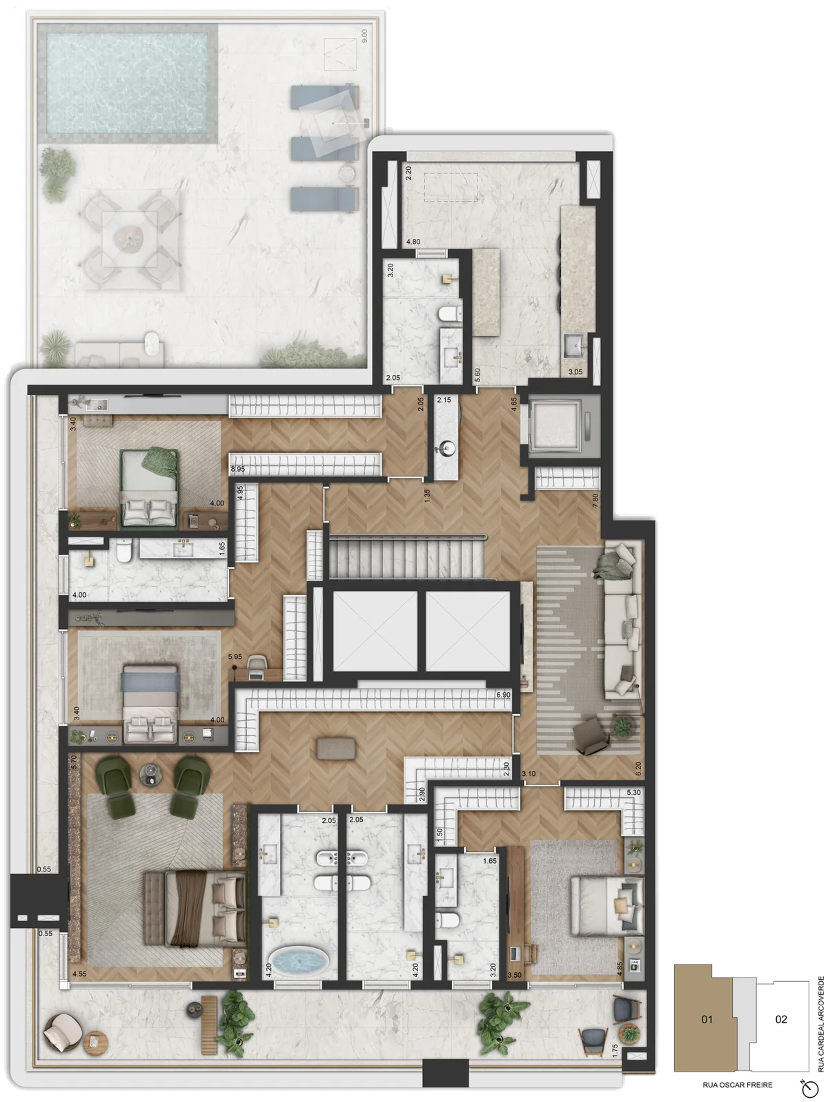 Planta Final 1 · duplex, piso superior (46º pav.) — 698,10 m², 4 suítes, master com banho Sr. e Sra., sala íntima