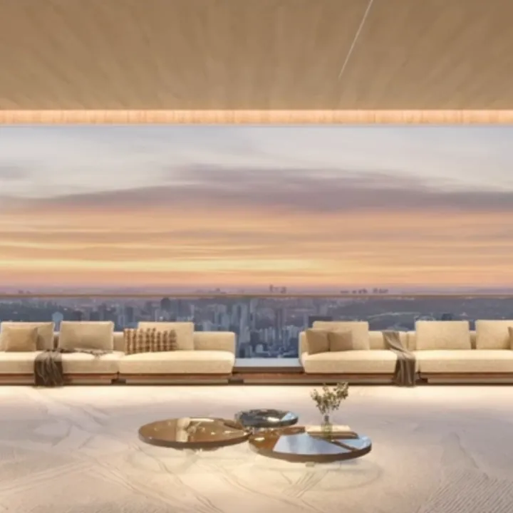 Living com a vista da cidade ao entardecer, frame do vídeo
