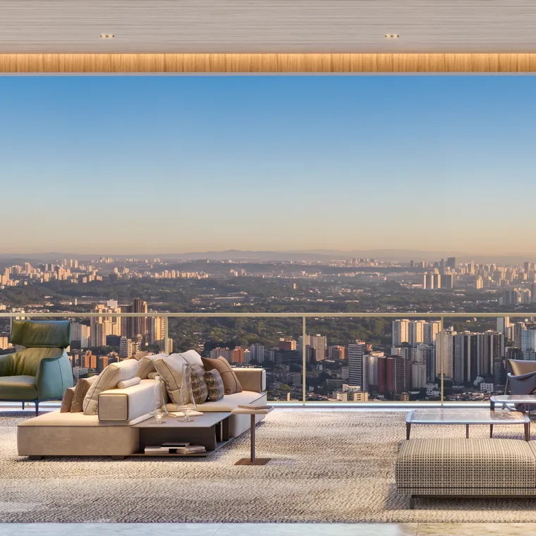 Living do apartamento de 284 m² com a vista da cidade